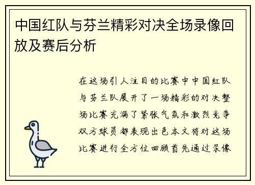 中国红队与芬兰精彩对决全场录像回放及赛后分析